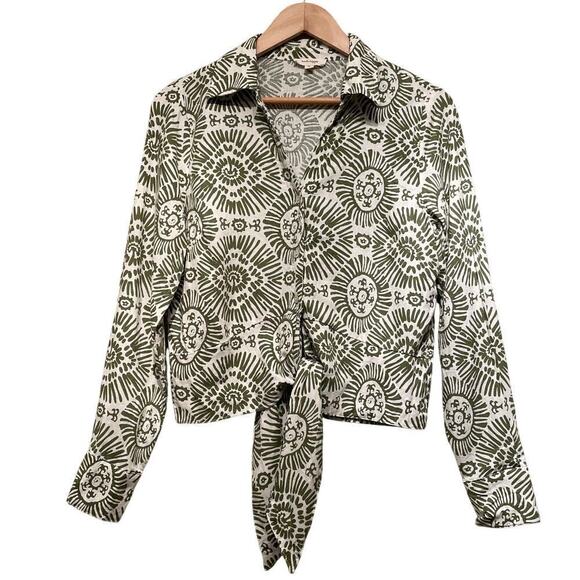 Haute Hippie Tops - Haute Hippie Green Sunburst Blouse, M | Linen Blend, Tie-Front, Boho Luxe NWOT